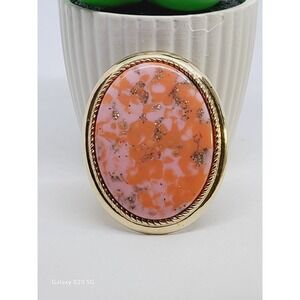 Vintage Oval Brooch Pink Orange Swirl Glitter Gold Tone Pin Women Accessory